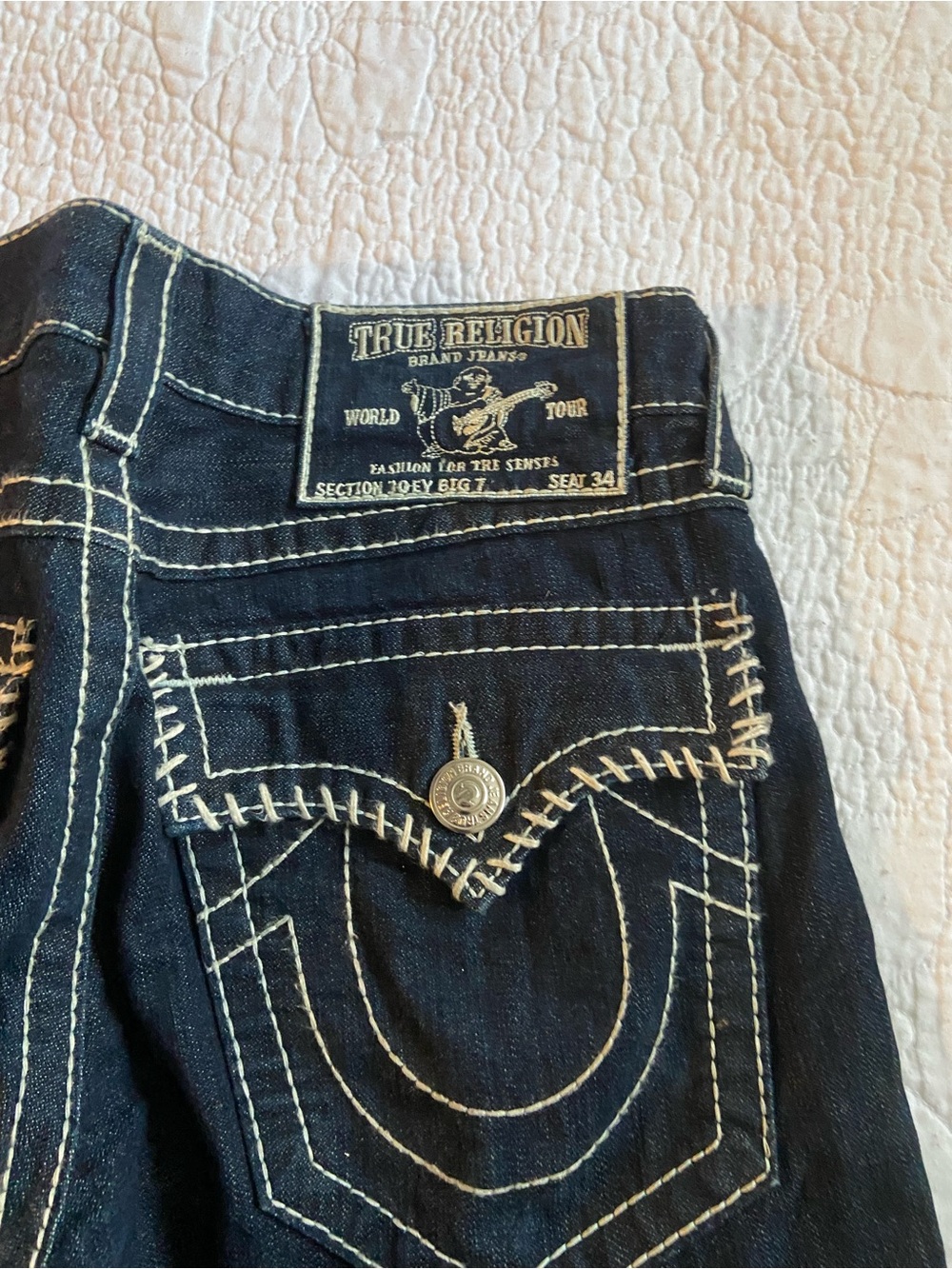 True Religion Mens Dark Indigo Boot Cut Jeans with White Stitching